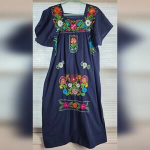 Puebla Embroidered  Tradicional Blue Floral Dress